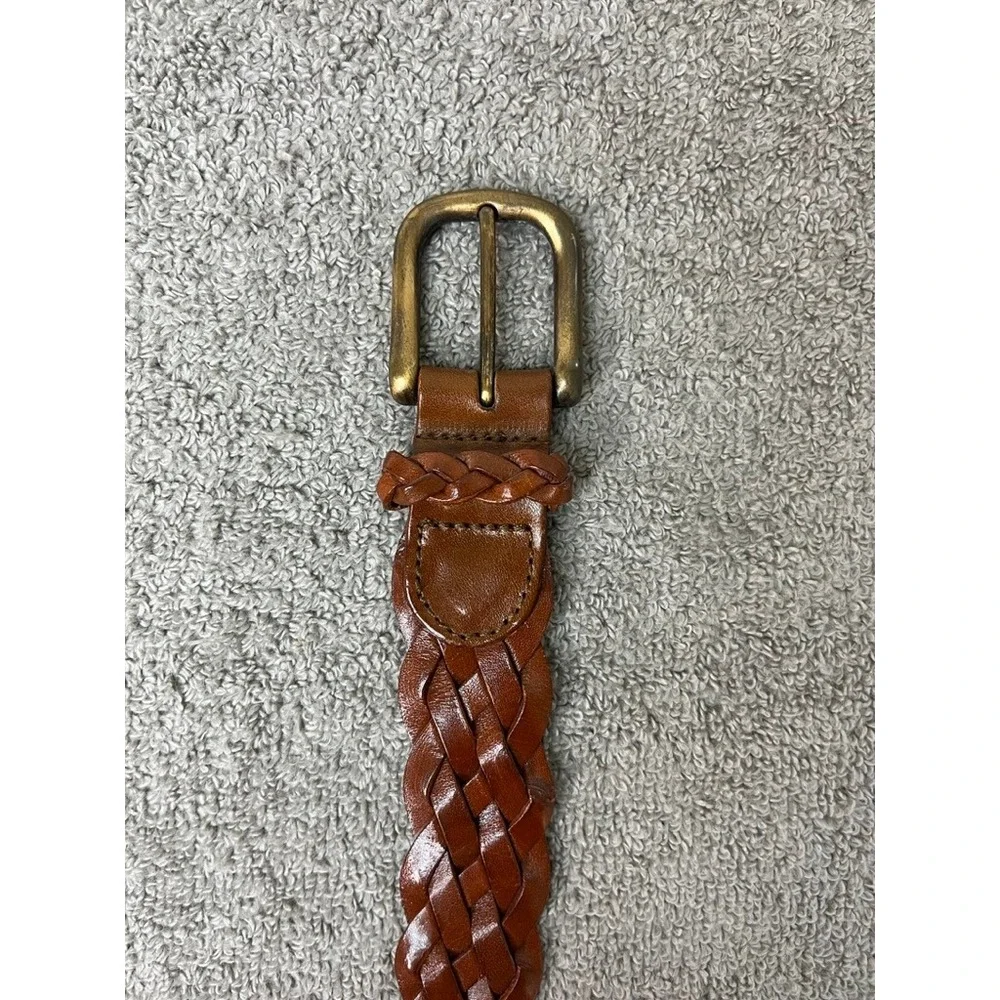 Cognac Brown Woven Braided Leather Belt Brass Buckle Size 44 954048
